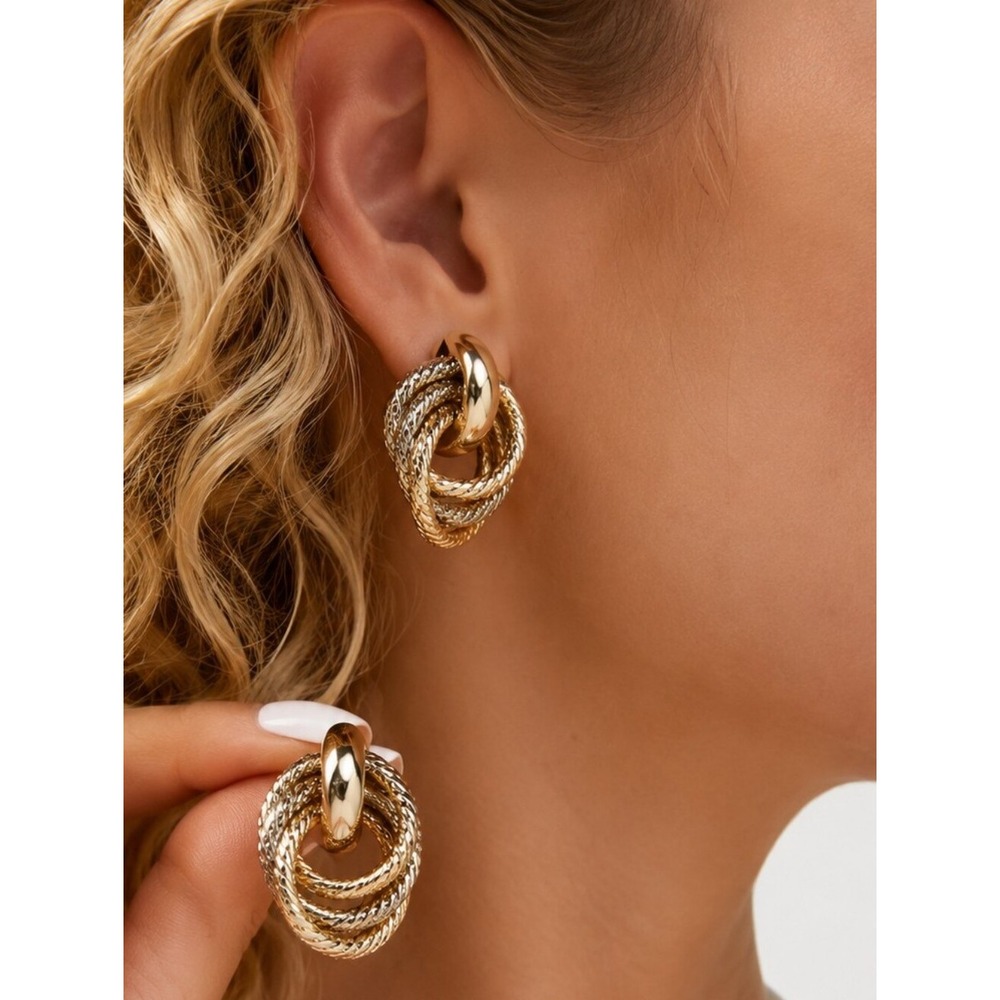 Gold Knot statement Triple Hoop Earrings Rope Textured Statement Casual